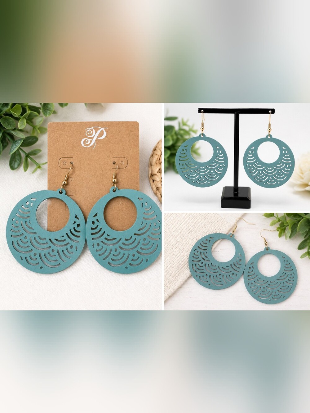 Sea Glass Blue Wooden Statement Earrings